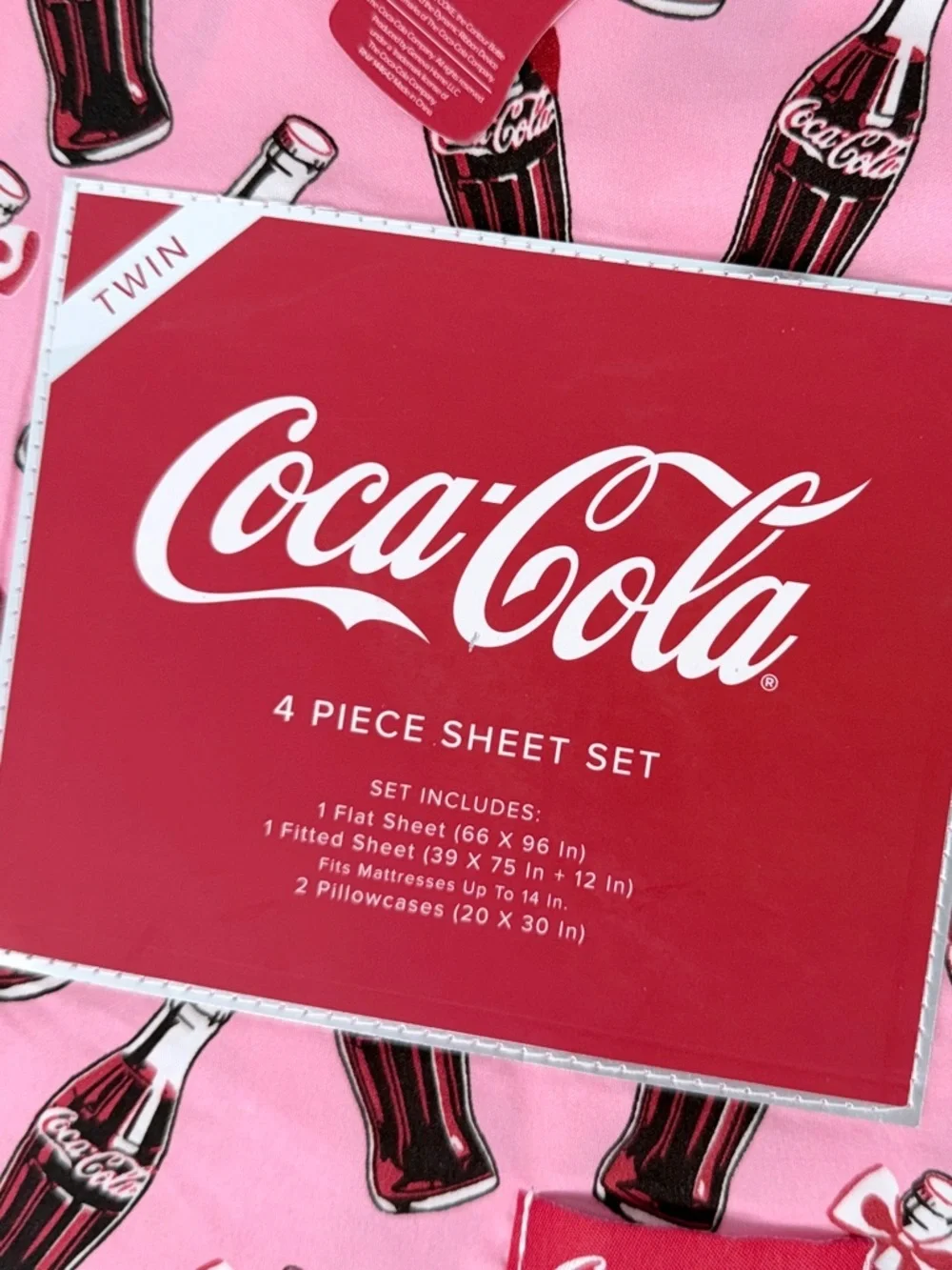 Coca Cola Pink bows Bottle Print Twin Sheet Set 4 Piece Bedding Set Coke New